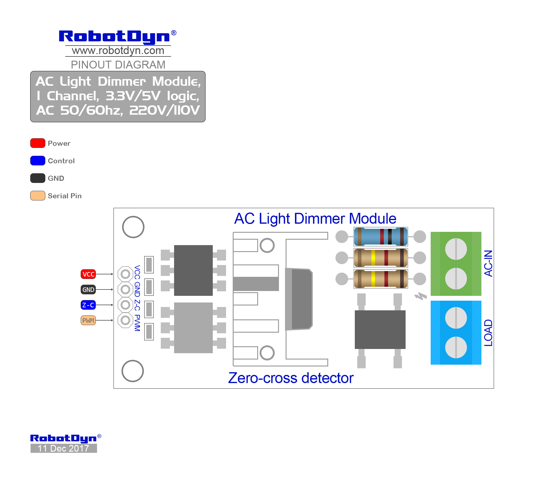 RobotDyn AC Light Dimmer Module For PWM Control 1 Channel 3.3V/5V Logic AC 50hz 